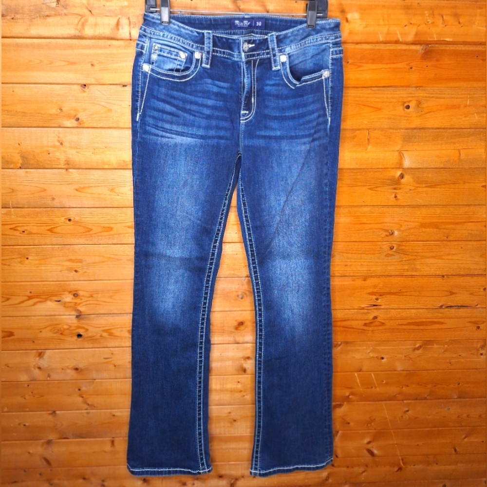 ❤️Miss Me Jeans mid-rise boots sequins and rhinestone leopard blue dark size 30